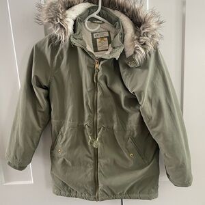 H&M Olive Green Puffer Jacket with Faux Fur Trim